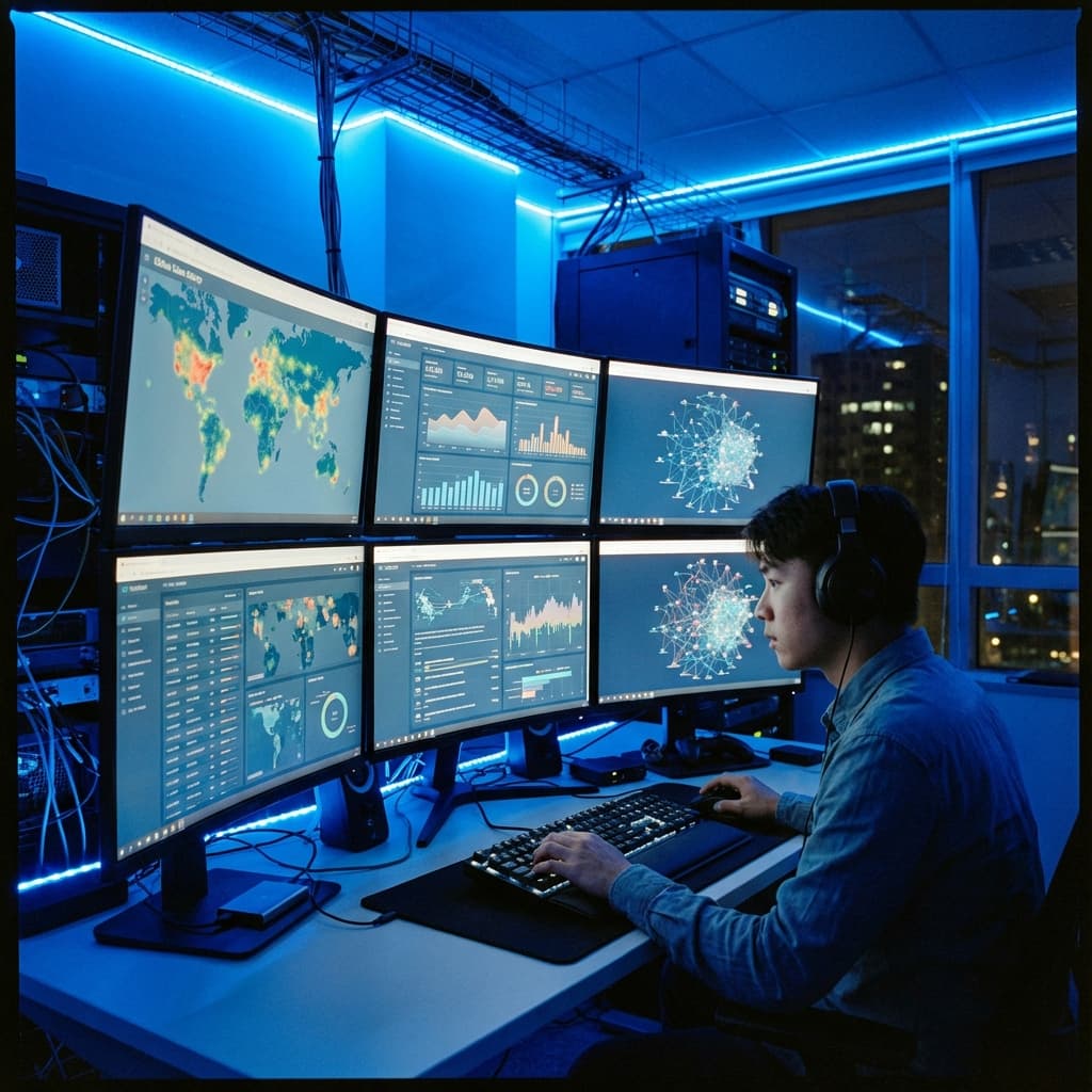 Analista de dados trabalhando com múltiplos monitores mostrando gráficos e mapas de calor do setor de turismo