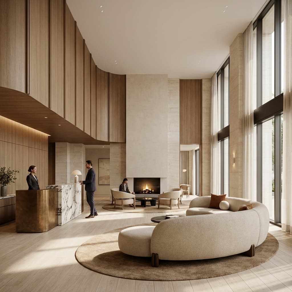 Recepção de hotel moderna e acolhedora, representando o setor hoteleiro