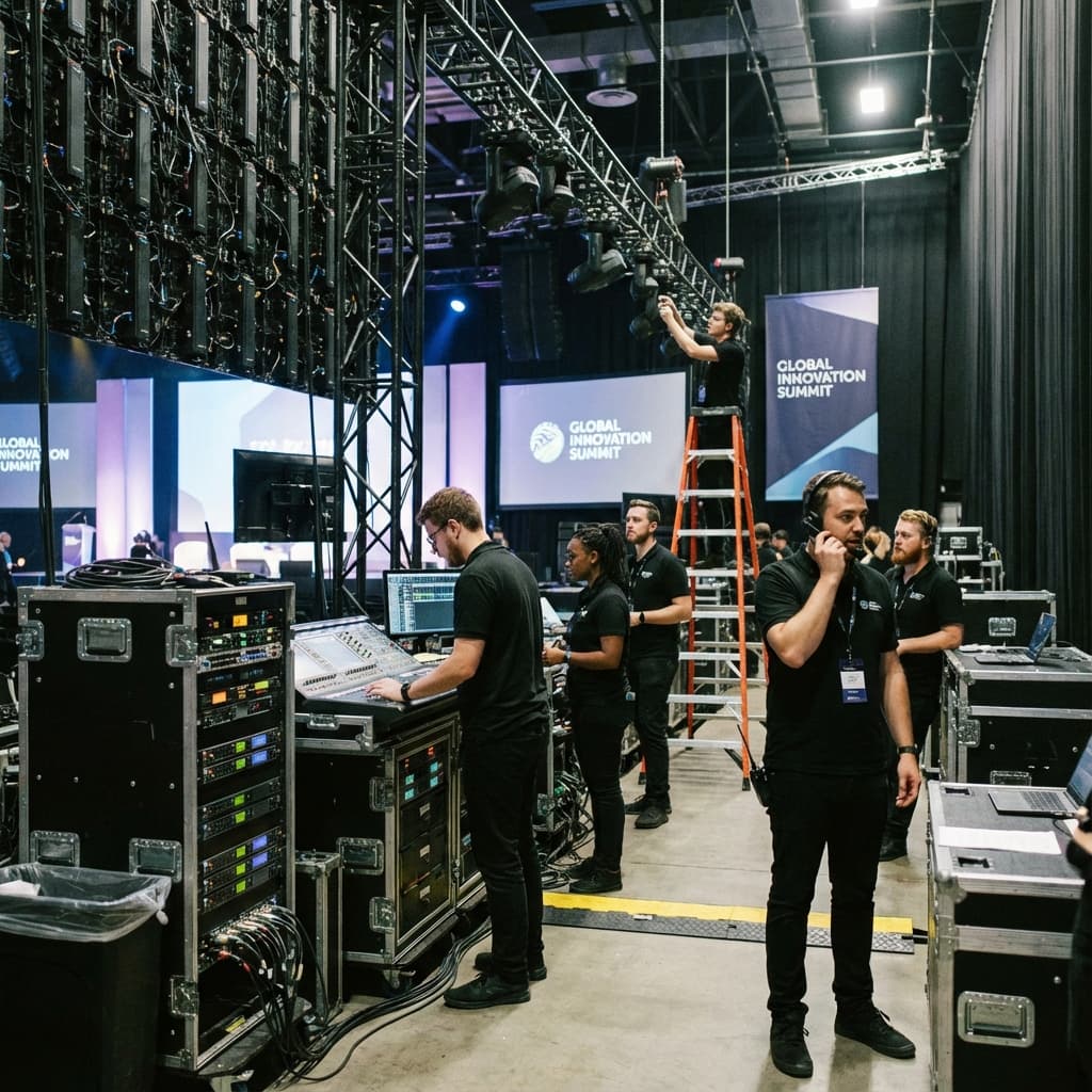 Bastidores de um grande evento corporativo com equipe técnica trabalhando
