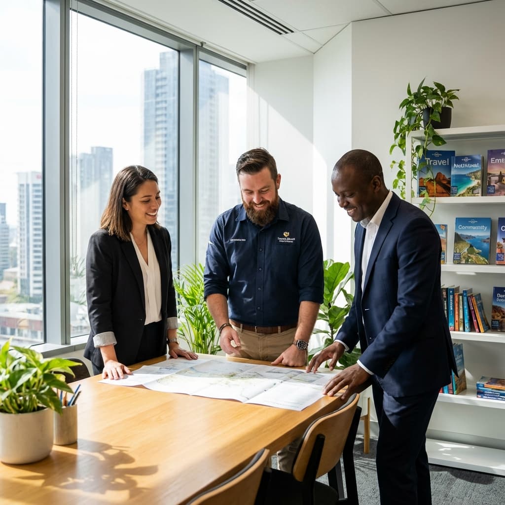 Grupo de profissionais de turismo analisando documentos para solicitação de crédito